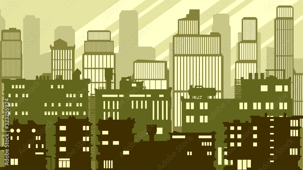 Cartoon horizontal illustration of a big city with roofs and windows lights, in green tone.