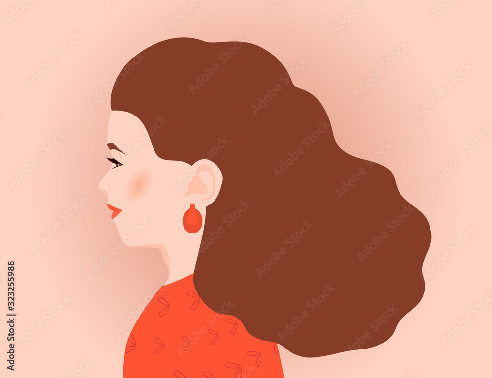 Portrait of beautiful girl sideways. Young woman with long brown hair, white skin. Avatar for social networks. Greeting card International Womens Day.  Profile, silhouette, romantic female image.