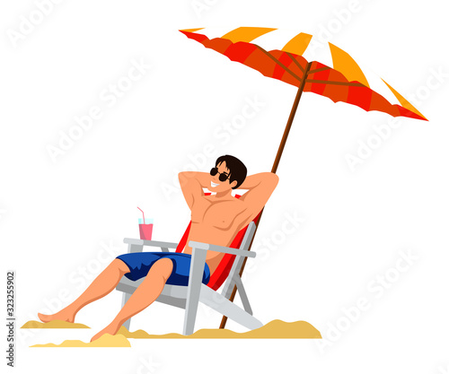 Seaside vacation flat vector illustration. Man relaxing on beach flat color illustration. Boy under beach umbrella on deck chair. Male at sea resort cartoon character