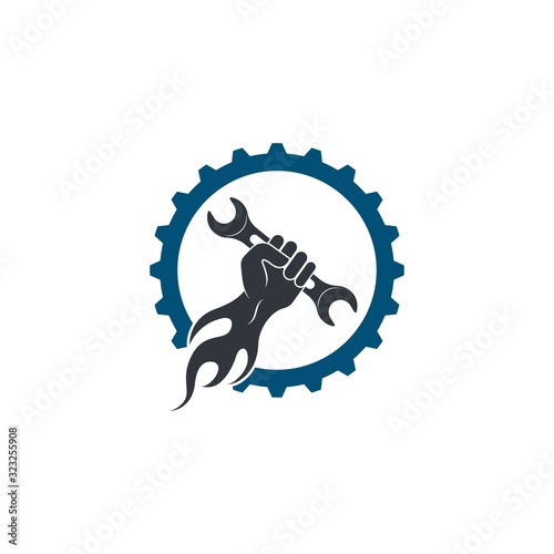wrench in hand vector illustration and icon of automotive repair