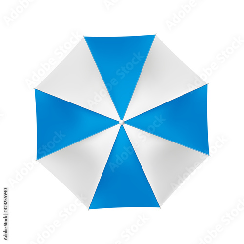 Open umbrella with white and blue stripes on a white background, top view, vector.