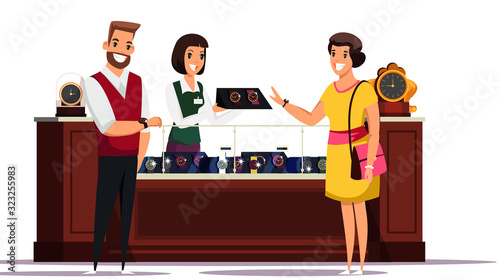 Customer and sellers in watch salon with showcase