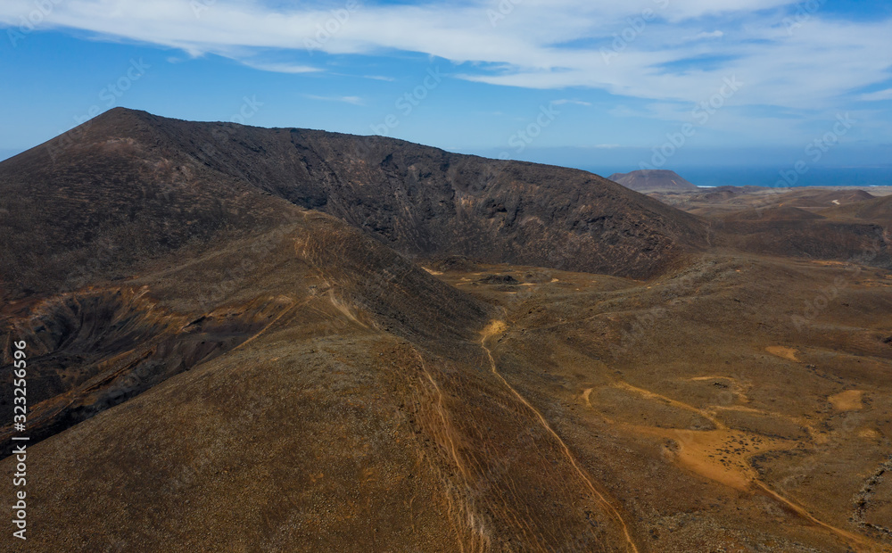 Inland Northern Fuerteventura, aerial view from drone near towards Bayuyo volcano system. October 2019