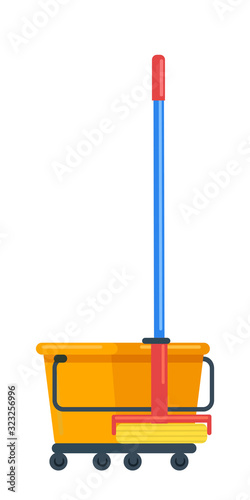 Bucket on wheels, mop for floor cleansing on white