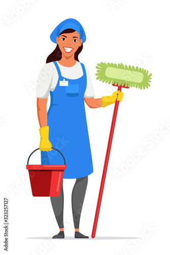 Woman housemaid in apron holding tools on white