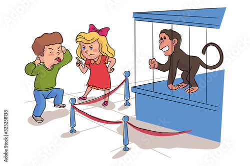 Naughty boy teases monkey, girl scolds him at zoo