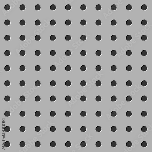 Peg board seamless pattern texture. Perforated wall background. Gray board with holes.