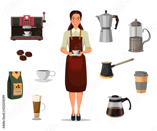 Woman barista with cup of coffee and equipment set