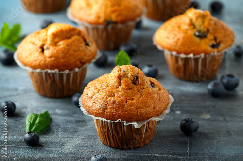 Blueberries muffins, cupcake with mint and berry