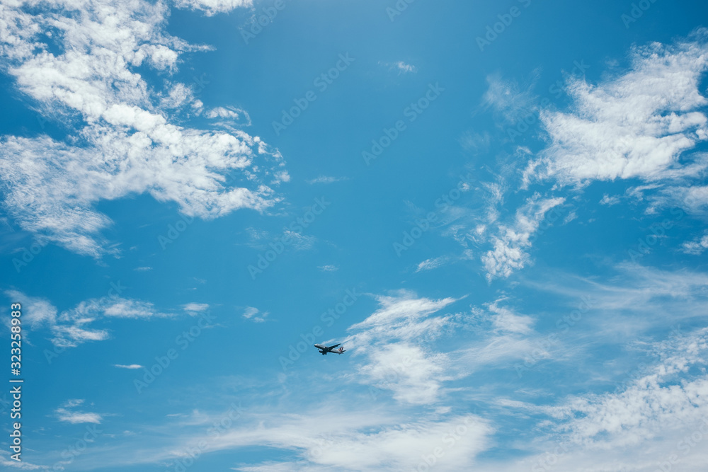 Fototapeta premium Flying airplane in the blue cloudy sky