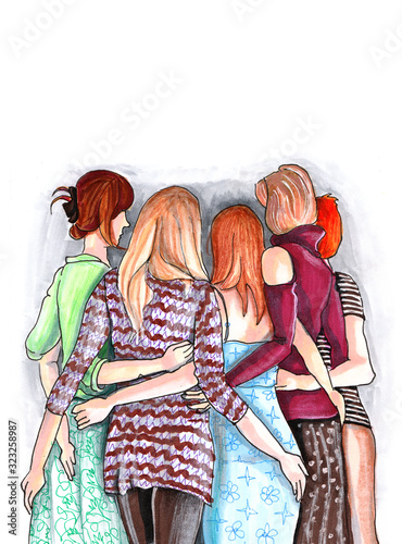 Women's friendship, women's circle. The loving embrace. Illustration with alcohol markers for your postcard.