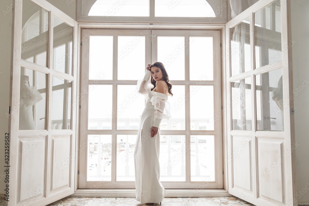 Portrait of elegant beautiful bride wearing fashion wedding dress. Perfect makeup and hairstyle