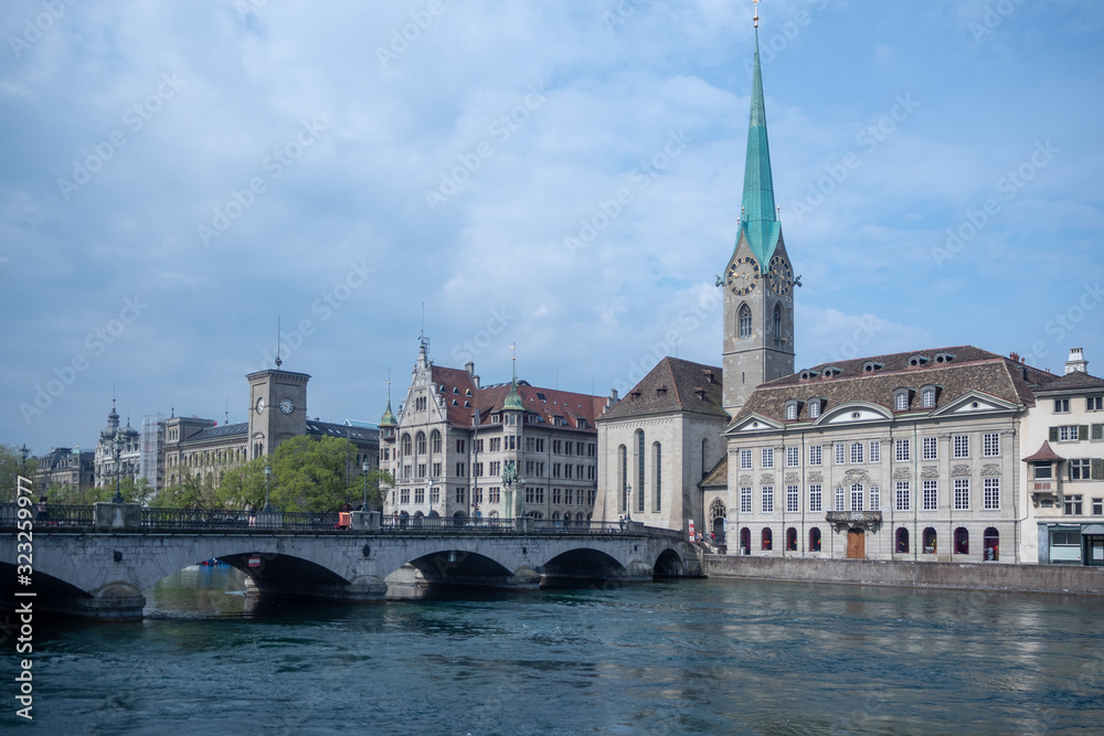 The Fraumunster and  Münsterbrücke famous beautiful  landmark with cloudy sky background , copy space , Zurich , Switzerland
