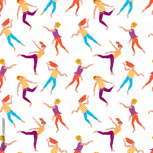 Fototapeta Seamless pattern with young women dancing in free spontaneous way. Simple colored figures on white background. Flat vector illustration.