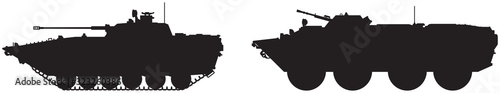 Army tank and military vehicle vector silhouettes set 1, infantry combat armored fighting vehicle (AFV) BMP, 8×8 wheeled amphibious armored personnel carrier (APC) BTR, soviet designed army equipment 
