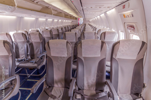 Perspective view of empty aircraft seats and lights