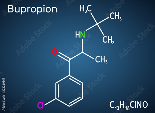 Bupropion, C13H18ClNO molecule. It is used for the treatment of Major Depressive Disorder (MDD), Seasonal Affective Disorder (SAD), smoking cessation. Structural chemical formula 