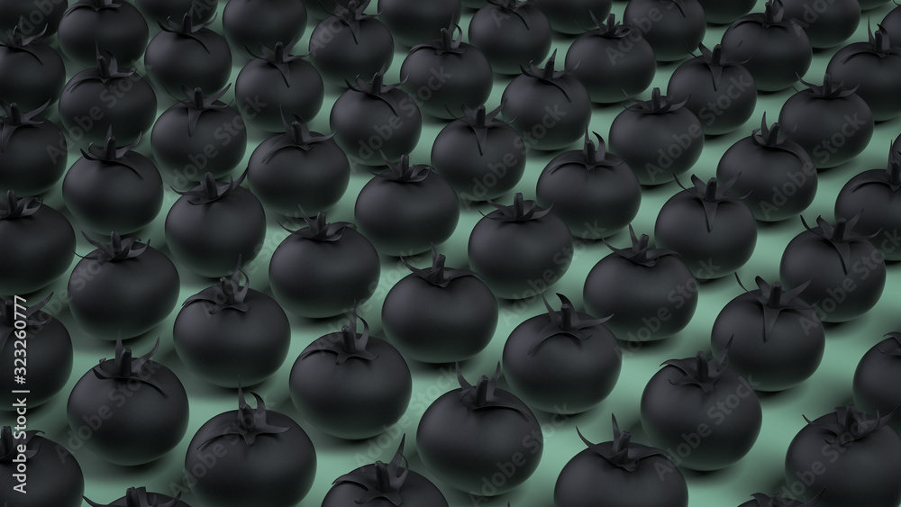 Obraz premium 3d render grid pattern of black leather tomatoes on a green background. 