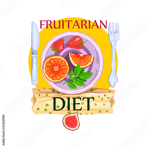 Stock vector sticker “Fruitarian Menu” with fruit on the plate. Healthy diet concept isolated on white. For restaurant, café, articles, recipes. 