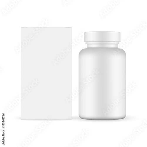 Pills bottle with paper box mockup isolated on white background. Vector illustration
