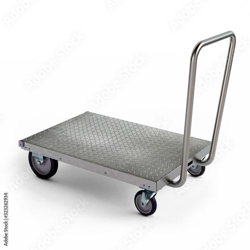 Obraz na plátne Stainless steel wheeled freight trolley cart, 3D illustration