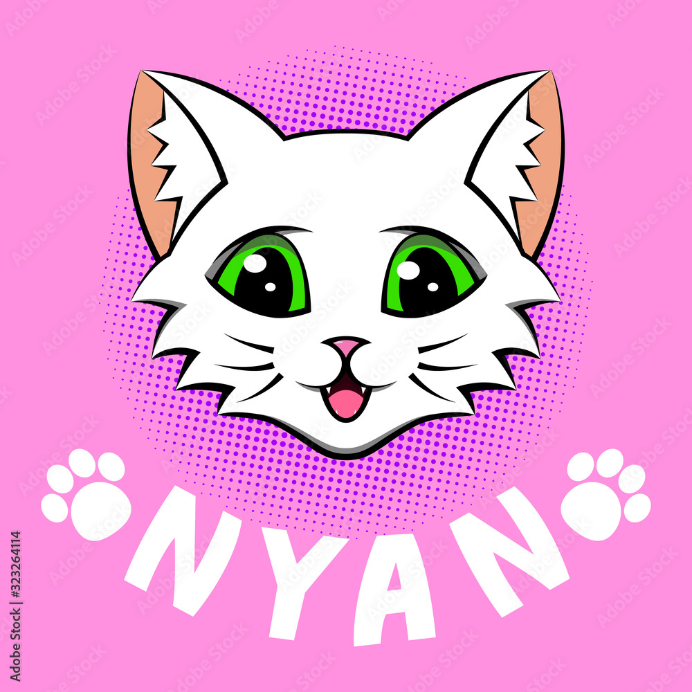 Fototapeta premium The head of a white kitty with paws and the inscription Nyan on a pink background.