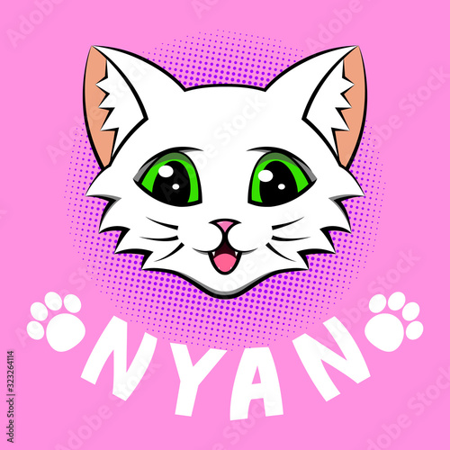 The head of a white kitty with paws and the inscription Nyan on a pink background.