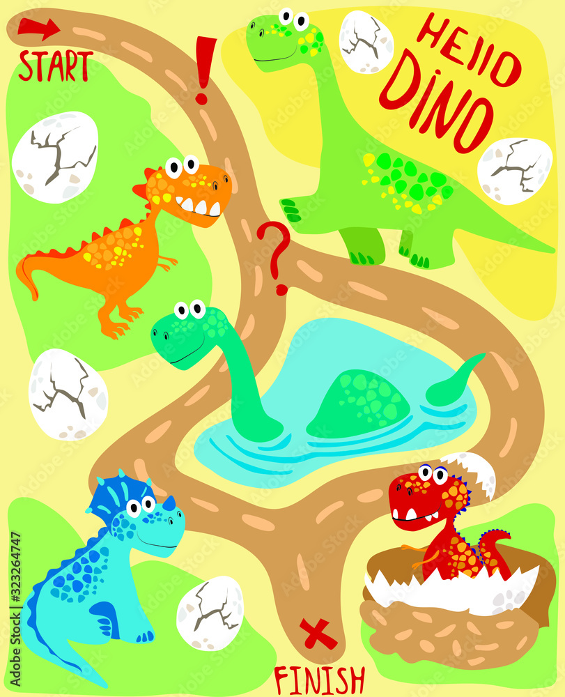 Fun maze for children. Funny dinosaurs. Collection of games for children. Labyrinth for Kids with forest animals.  Hello Dino - lettering.