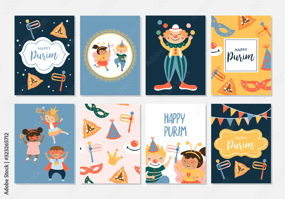 Fototapeta premium Purim carnival greeting card design with cute children and clown characters. Childish print for card, stickers and party invitations.