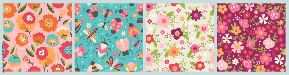 Seamless pattern for spring season. Childish background for fabric, wrapping paper, textile, wallpaper and cards.