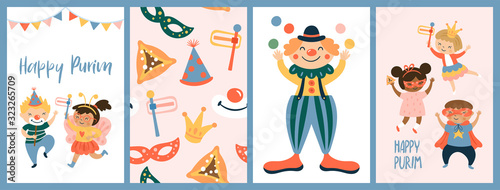 Purim carnival greeting card design with cute children and clown characters. Childish print for card, stickers and party invitations.