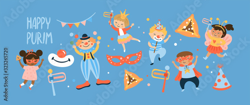 Purim carnival greeting card design with cute children and clown characters. Childish print for card, stickers and party invitations.