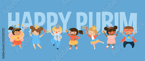 Purim carnival greeting card design with cute children characters. Childish print for card, stickers and party invitations.