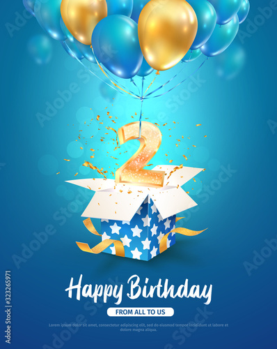 Celebration of 2 th years birthday vector 3d illustration. Second years anniversary celebrating. Open gift box with number two flying on balloons on blue background photo