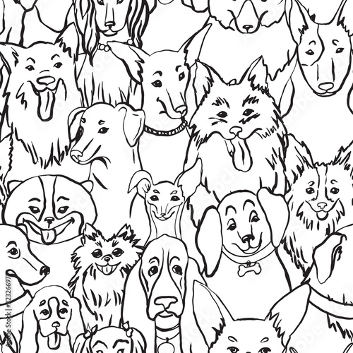 Dogs seamless vector pattern. Illustration with bulldog, bobtail, dachshund, bullterrier, doberman, spitz, chihuahua