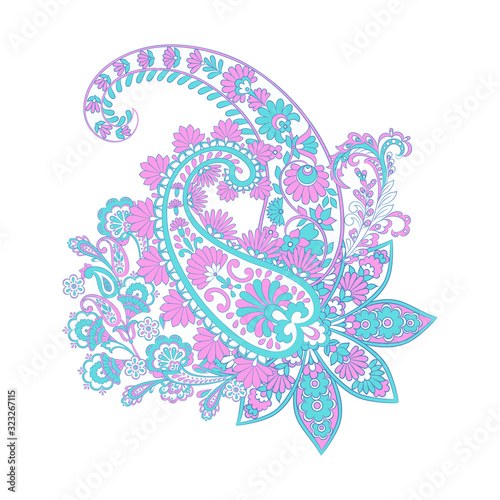 Paisley and Fantastic flower, leaves. Batik style painting. Vintage vector illustration