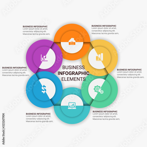 Business Infographic presentation template with 3, 4, 5, 6 options, parts, steps. Diagram, graph, round chart.