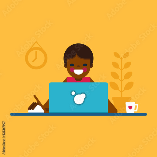 Character design in a flat style. IT user businessman works at the computer. Vector illustration.