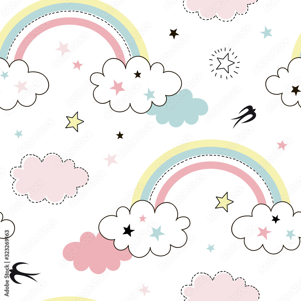 Pastel rainbow cloud star seamless vector pattern. Cartoon magical sky with birds background for kids. Unicorn fairy design for fabric paper surface print.