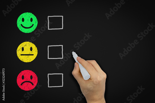 Customer service experience satisfaction rating chalk board with evaluation tick boxes - Red yellow and green happy ok sad doodle faces - Quality review, business analysis and client feedback concept