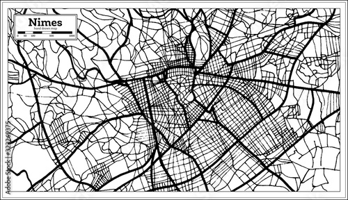 Nimes France Map in Black and White Color.