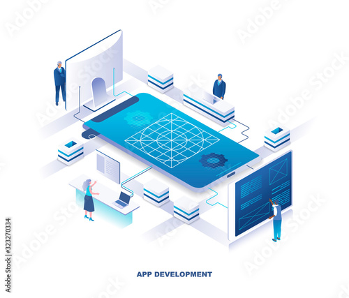 Mobile application development isometric landing page. Concept with tiny people standing at control panels around giant smartphone, developing app or software. Modern vector illustration for website.
