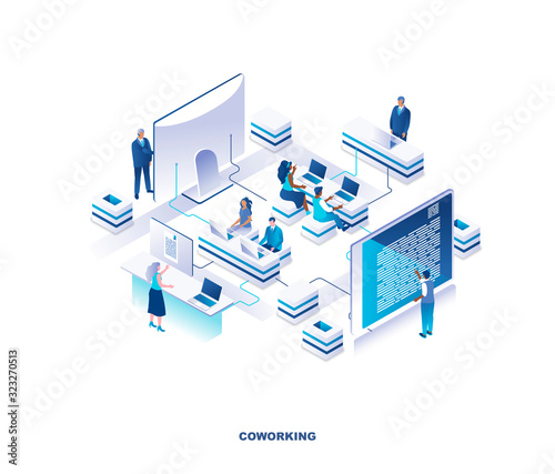 Coworking place or shared office isometric landing page. Concept with employees, managers or clerks sitting at desks and working on laptop computers in open space. Vector illustration for website.