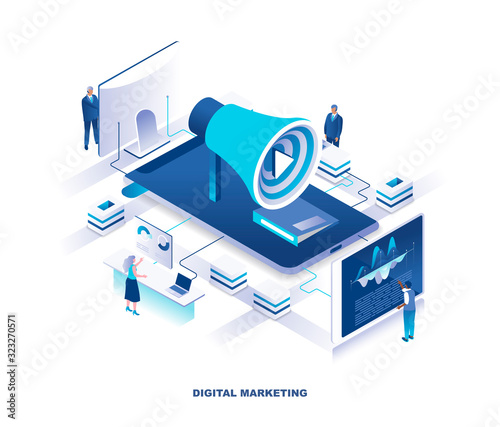 Social media marketing or SMM, digital advertising isometric landing page. Concept with tiny people working at computer screens around giant megaphone or bullhorn. Vector illustration for website.