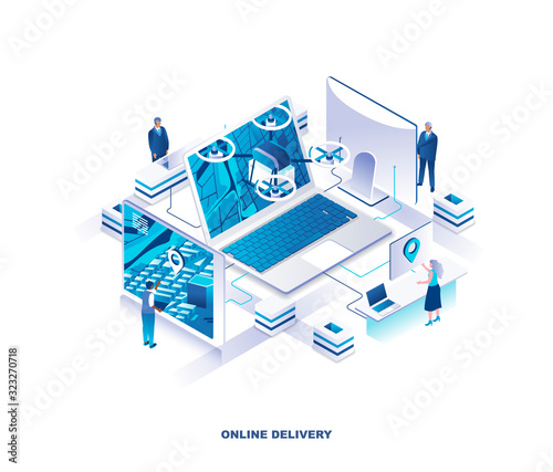 Internet drone delivery service isometric landing page. Concept with tiny people working around giant laptop with map on screen and quadcopter with parcel or package. Modern vector illustration.