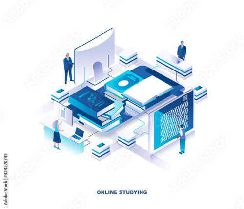 Distant education, online learning, digital knowledge, internet course isometric landing page. Concept with tiny people or students around pile of giant books or textbooks. Modern vector illustration.
