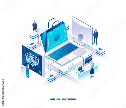 Internet or online shopping, digital retail service isomeric landing page. Concept with tiny people or customers making orders on web store or shop. Modern vector illustration for advertisement.