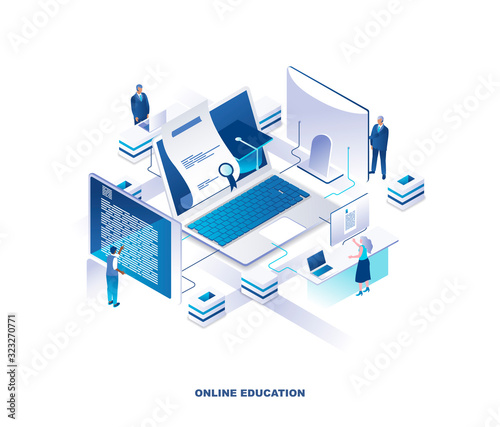 Online education isometric landing page. Concept of obtaining university or college degree via internet with tiny people around giant laptop with graduation cap and certificate. Vector illustration.