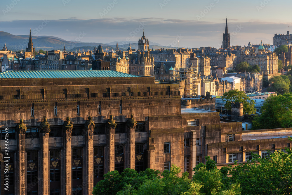 Scottish Government with Edinburgh cityscape skyline during sunset