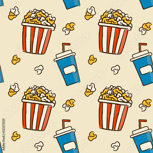 Cinema seamless pattern with popcorn and soda cup